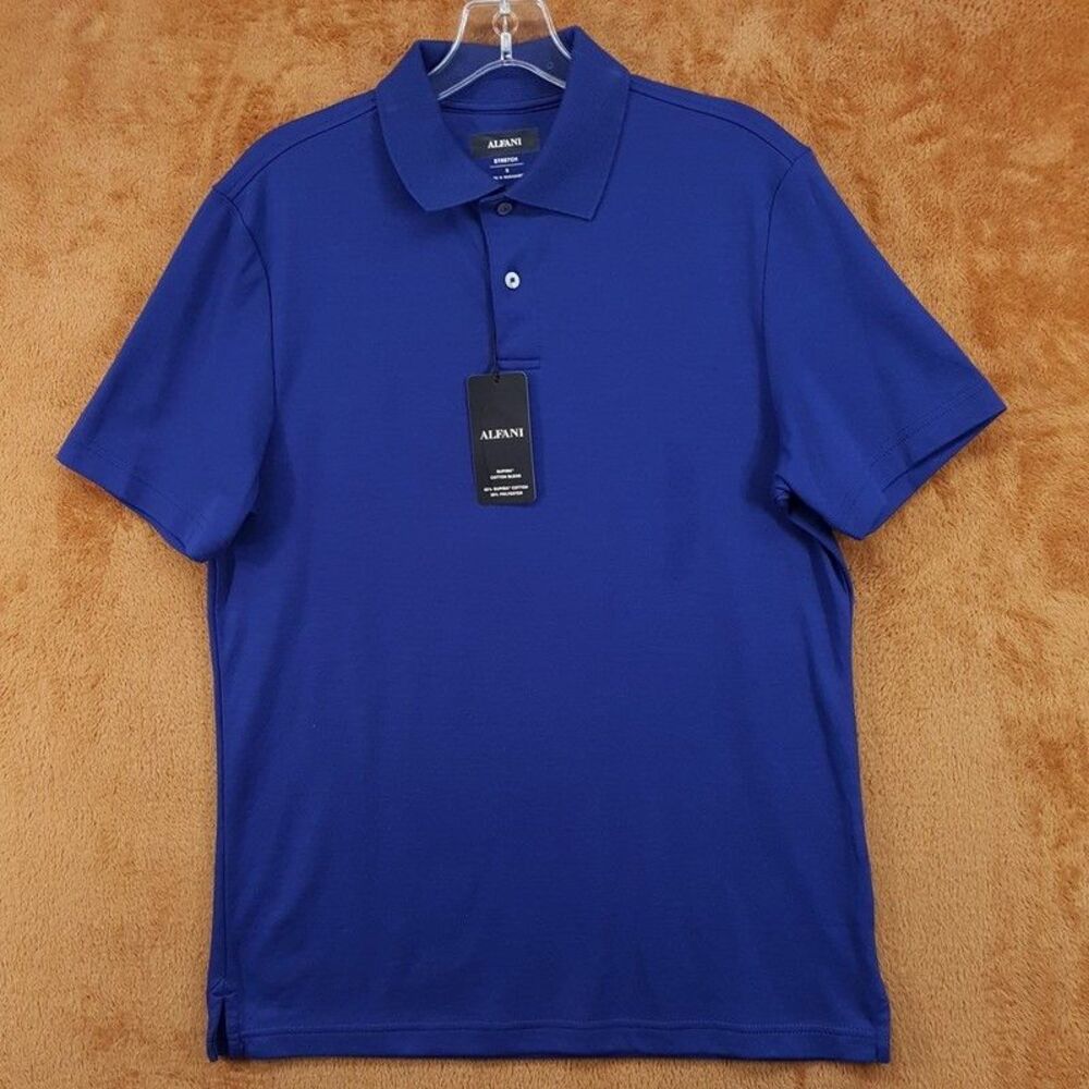 ALFANI Polo Shirt Mens Small Blue Short Sleeve Supima Cotton Stretch Alfatech